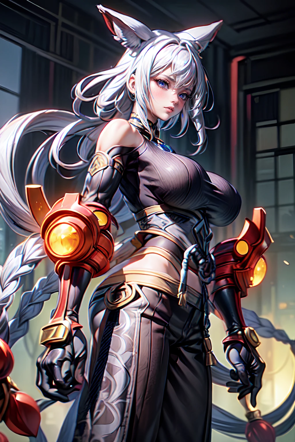 <lora:Qi_AoV_New:0.7>,  <lora:add_detail:0.4>, qi_aov_new, 1girl, solo, grey eyes, grey hair, bangs, long hair, hair ornament, breasts, large breasts, looking at viewer, blue eyes, white background, animal ears, bare shoulders, standing, white hair, , pants, black pants, armor, lips, gauntlets, jewelry, braid, toes, anklet, tail, ass, realistic, (masterpiece),((ultra-detailed)), (highly detailed CG illustration),(expressionless), (best quality:1.2)