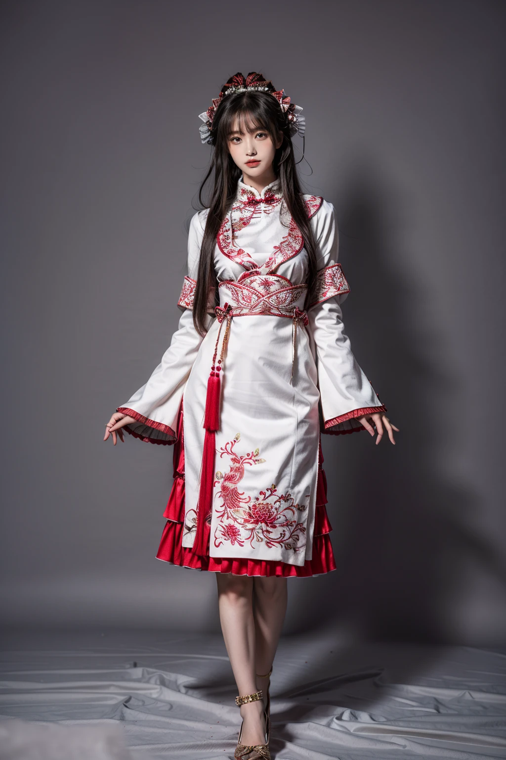 best quality, masterpiece, photorealistic, 1girl, solo, long straight hair, blunt bangs, looking at viewer, full body, standing, cyb dress, chinese clothes, long sleeves, wide sleeves, armband, simple background, <lora:add_detail:1>, <lora:cn_style_modern_attire_vol2_style5_v1:0.7>