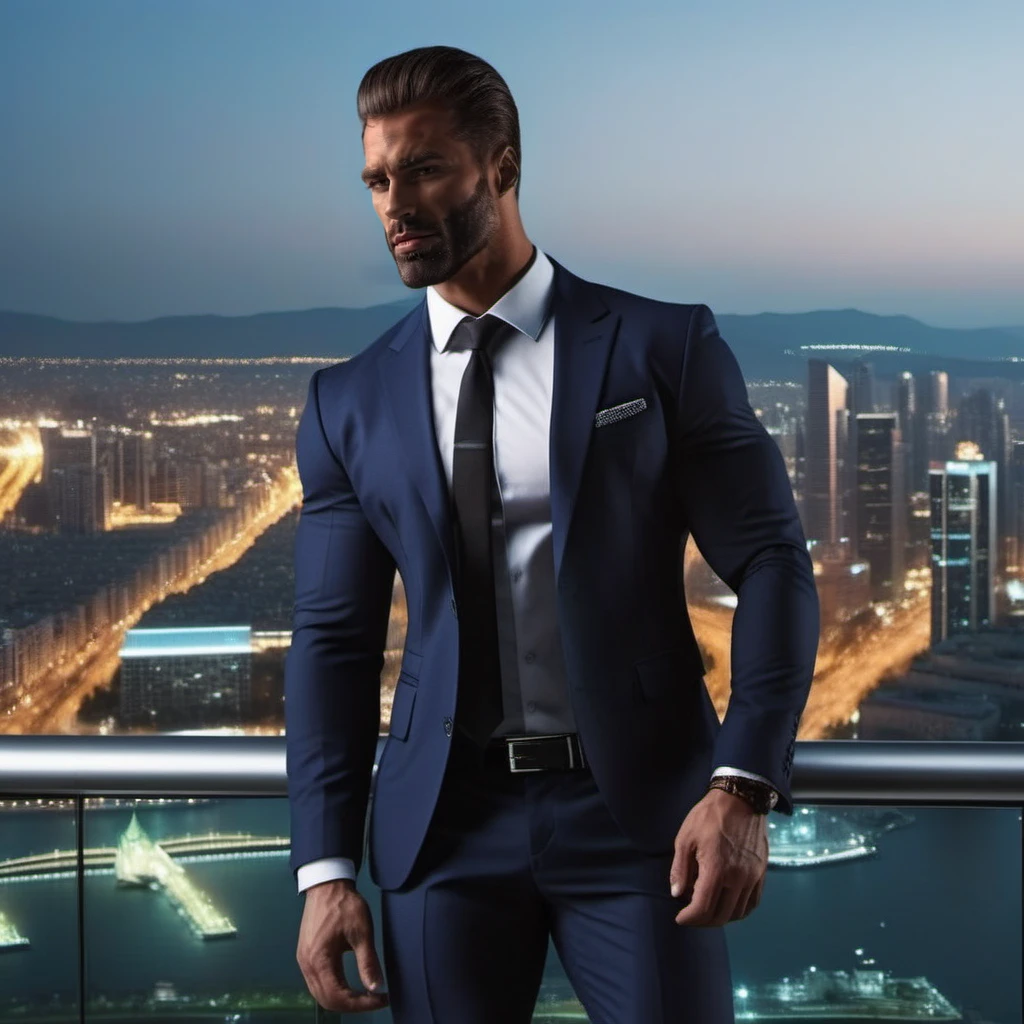 GigaChad1024, a muscular man in a suit, full body, city background, detailed face, detailed eyes ,  highly detailed, photography, ultra sharp, film, bokeh, professional, 4k   <lora:GigaChad1024:0.8>