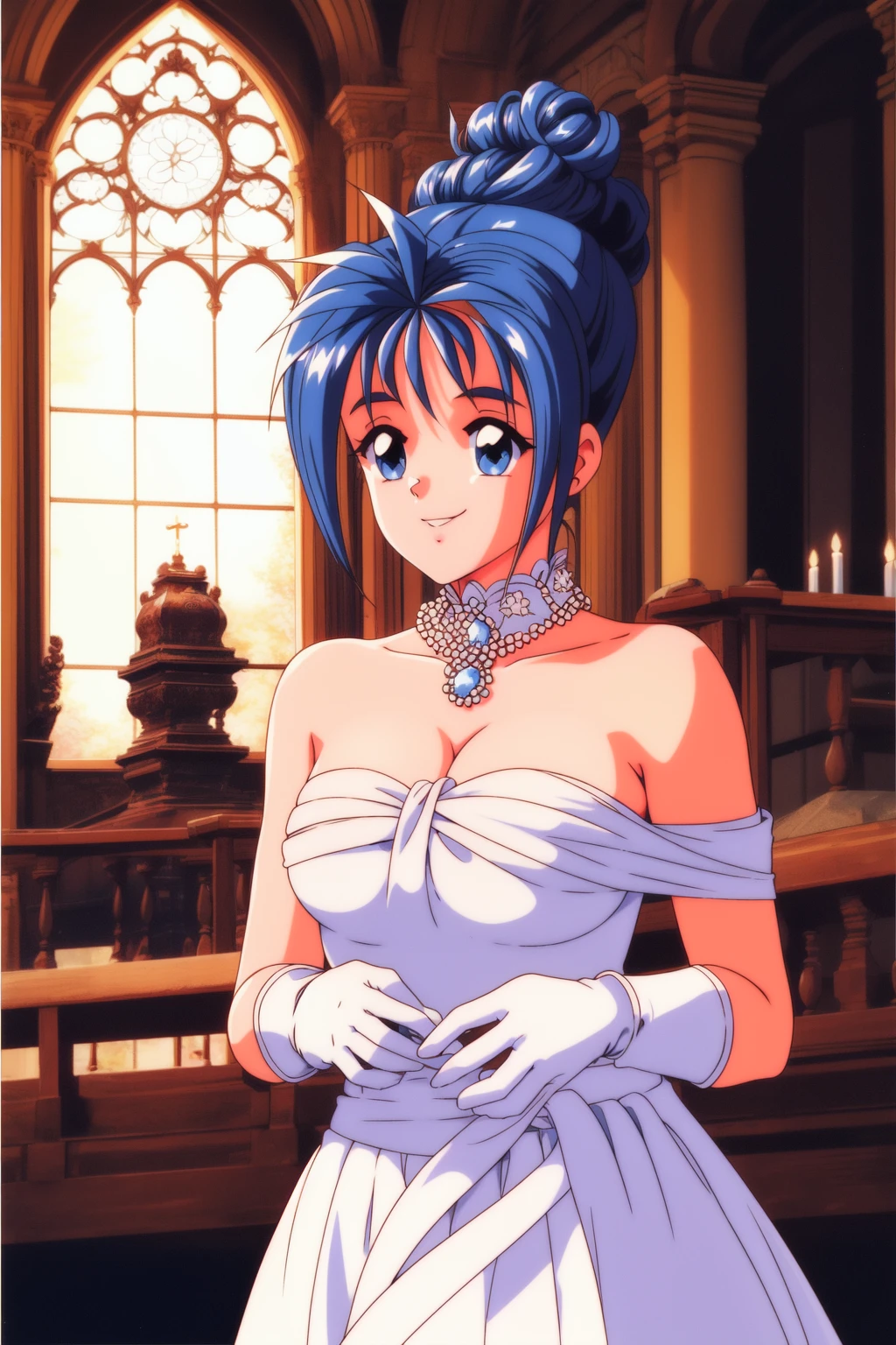 <lora:KatagiriAyako:1> KatagiriAyako, 1girl, solo, dress, blue eyes, necklace, jewelry, retro artstyle, smile, 1990s (style), gloves, blue hair, pearl necklace, strapless, looking at viewer, hair bun, single hair bun, bead necklace, elbow gloves, strapless dress, beads, church,
masterpiece, high quality, very_high_resolution, large_filesize, full color,