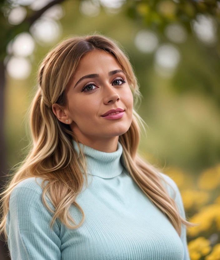 d1l3tt , photo of (d1l3tt) girl, RAW, nature, Turtleneck color, Spectacular light, Colorful flowering, 8k, soft lighting, high quality, film grain, Olympus sharp focus, f 5.6, (eye shadow), (eyeliner), ((detailed eyes)), (seductive pose), upper body, Sunset 