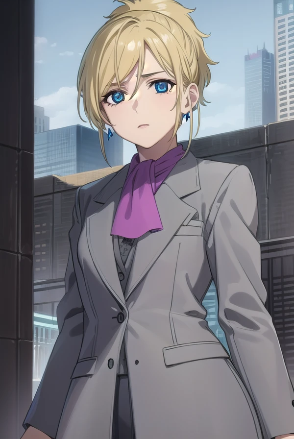 wolfsraincher, <lora:wolfsrain cher-lora-nochekaiser:1>,
cher, short hair, blue eyes, blonde hair, ponytail,
BREAK earrings, ascot, formal, suit, lipstick, makeup, jacket, (grey jacket:1.5),
BREAK outdoors,
BREAK looking at viewer, (cowboy shot:1.5),
BREAK <lyco:GoodHands-beta2:1>, (masterpiece:1.2), best quality, high resolution, unity 8k wallpaper, (illustration:0.8), (beautiful detailed eyes:1.6), extremely detailed face, perfect lighting, extremely detailed CG, (perfect hands, perfect anatomy),