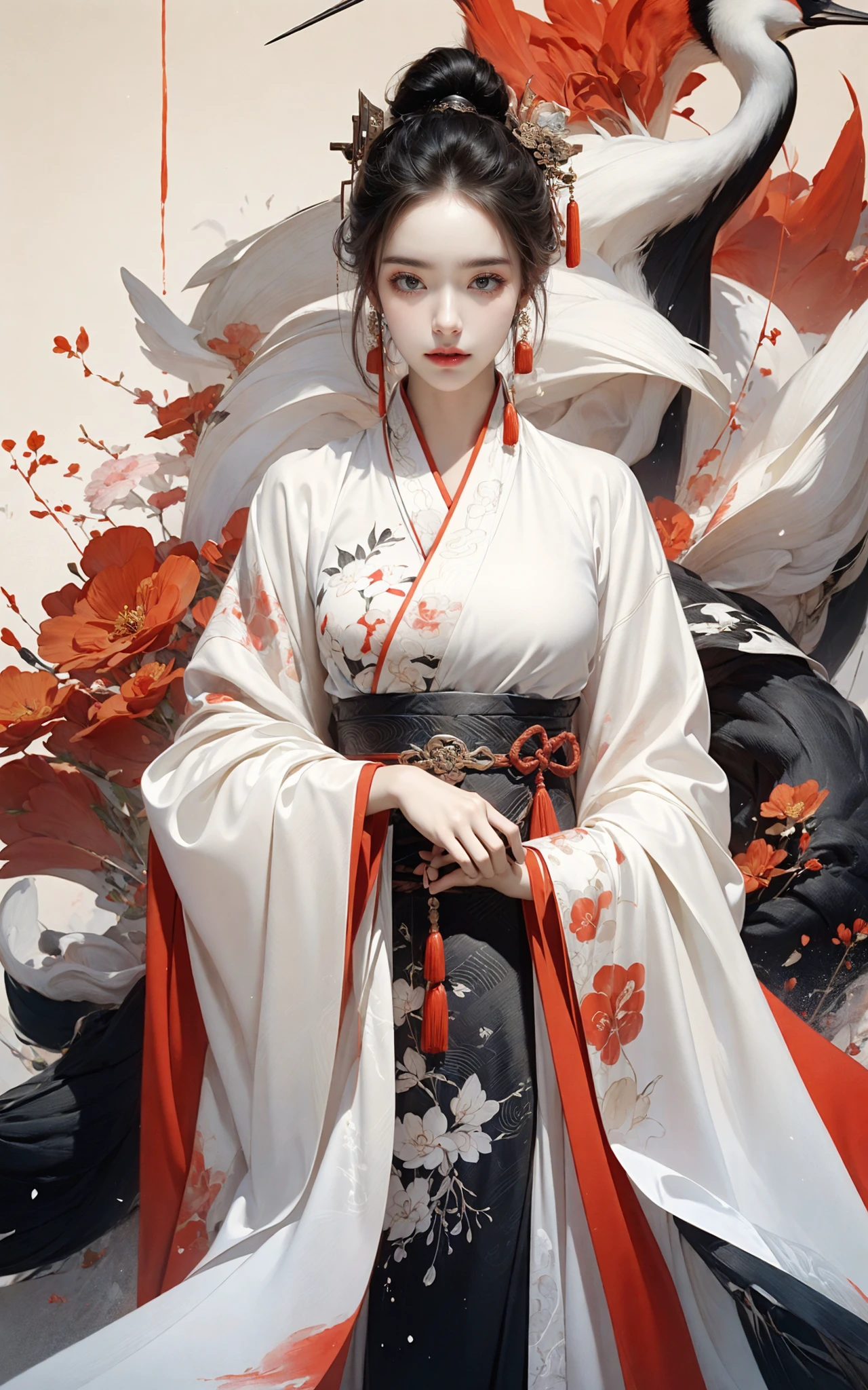 Ink painting, ink painting, splash-ink, ink splash, calligraphy, Chinese characters, Chinese character background
Red crowned crane1girlWhite hair, Hanfu,
 <lora:~Q?-d Red crowned crane:0.8>