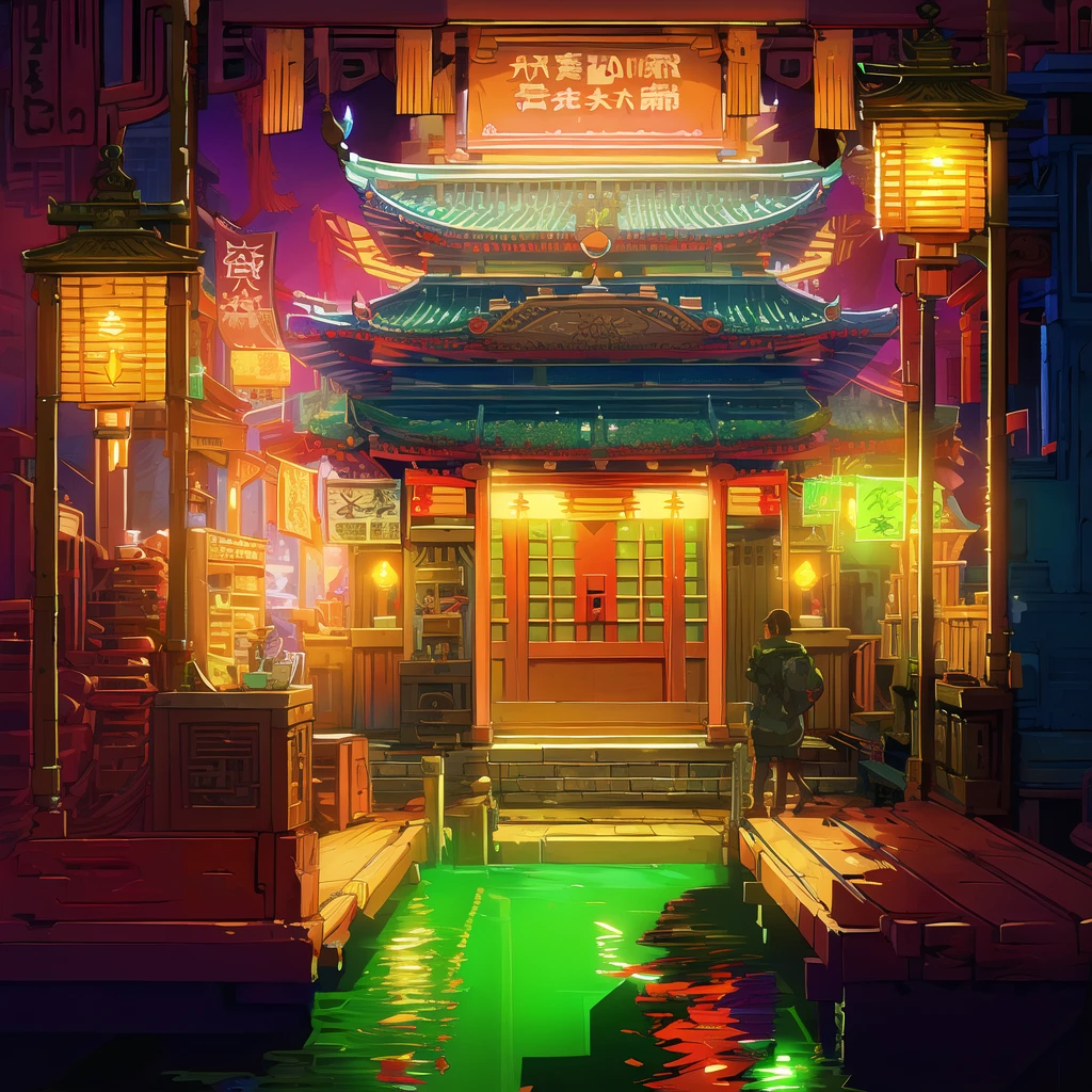 <lora:水墨åé:0.7>,scenery,lantern,cyberpunk,building,water,stairs,east asian architecture,night,architecture,lamp,2d game scene,best quality,high resolution,distinct image,solo,Vibrant colours,masterpiece,
