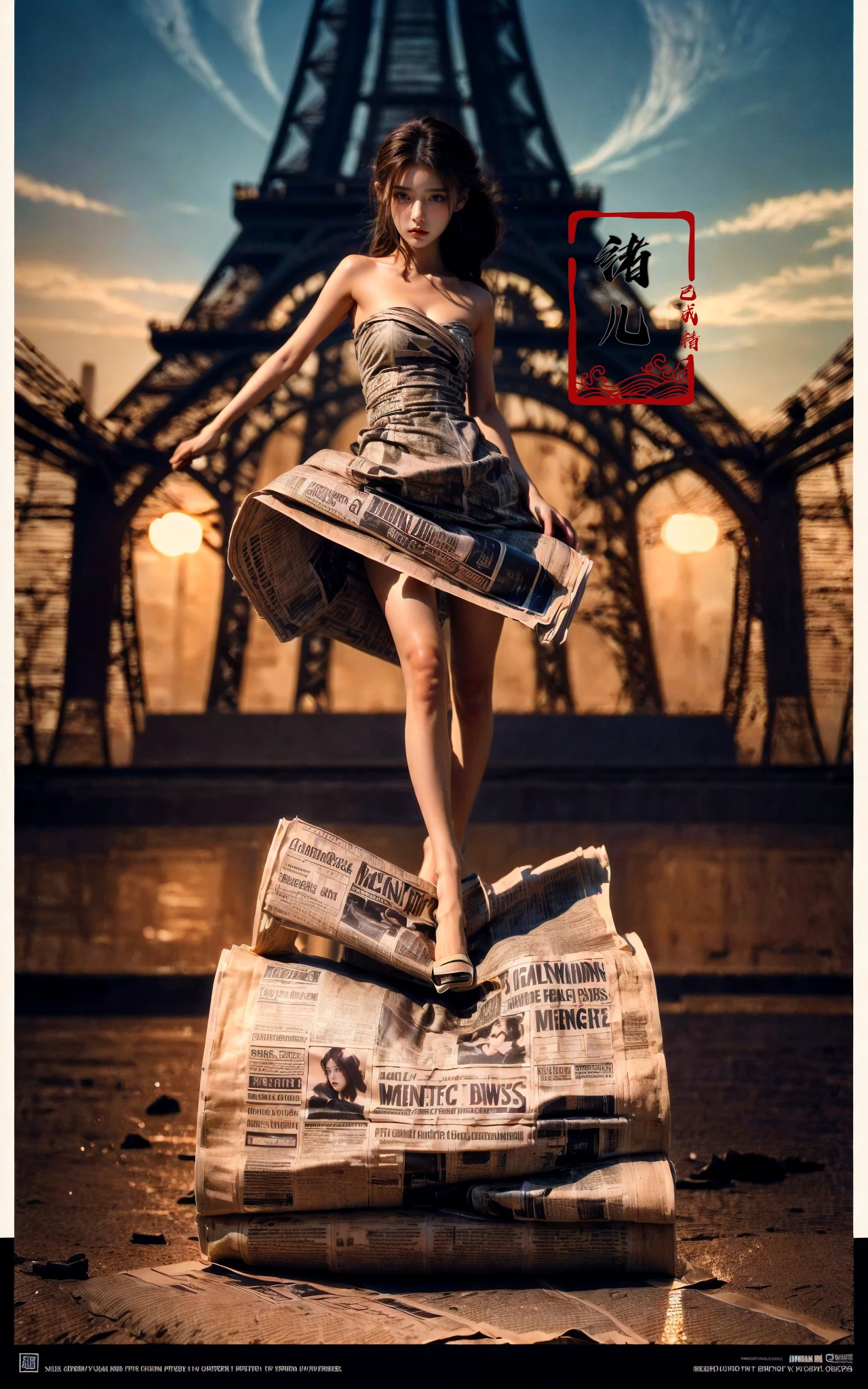 (best quality),((masterpiece)),(highres), (extremely detailed 8K wallpaper),(panorama:1.5)outdoors (imid shot:0.95),(imid shot,macro shot:1.25), Eiffel Tower(Black and white Newspaper dress:1.3)(wide shot, wide-angle lens,Panoramic:1.2),super vista, super wide AngleLow Angle shooting, super wide lens,
((((dramatic))), (((gritty))), (((intense))) film poster featuring a young woman as the central characterA shot with tensionVisual impact,giving the poster a dynamic and visually striking appearance, Outdoor, landscape, dynamic Angle, dynamic pose
She stands confidently in the center of the poster, wearing a stylish and edgy outfit, with a determined expression on her face,   The background is dark and gritty, with a sense of danger and intensity, The text is bold and attention-grabbing, with a catchy tagline that adds to the overall feeling of drama and excitement(blonde hair:1.1)
The scene is framed by the iconic Eiffel Tower in the background, which stands tall and proud, its iron beams reaching up to the skyThe lighting is soft and warm, casting a golden glow over the woman and the piano, while the tower is softly illuminated in the background
(Milky skin,:1.7) shiny skinA shot with tension(sky glows cyan,Visual impact,giving the poster a dynamic and visually striking appearance:1.5),impactful picture, (full body:1.5),  (Slim body:1.1)(long legs:1.1),
<lora:~Q?-b~g
 Newspaper dress:0.8> <lora:pretty_20231205105835:0.6>