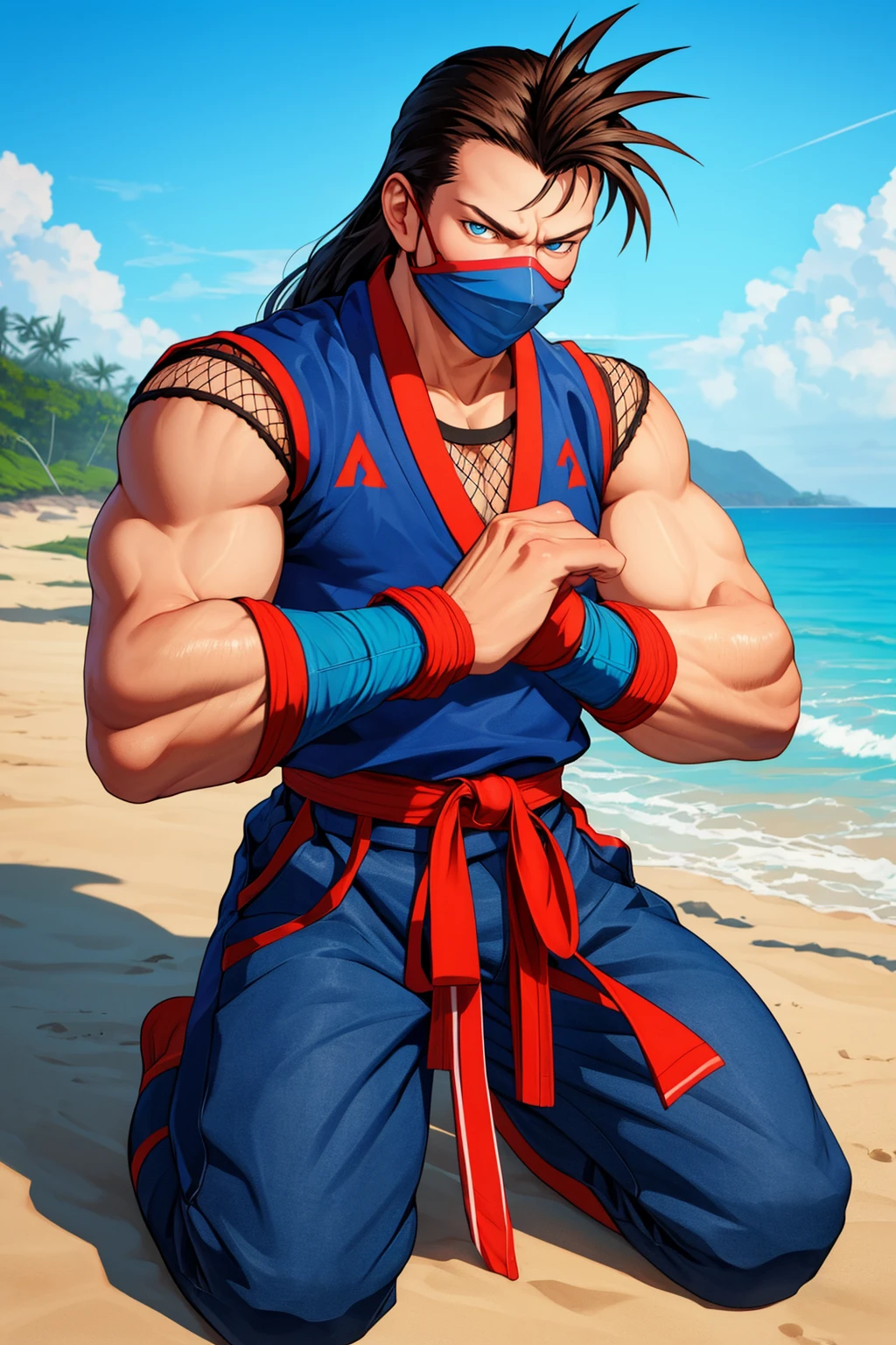 (masterpiece,  best quality:1.2),  solo,  EijiKOF,  1guy,  blue dougi,  face mask,  fishnet top,  bracelets,  red belt,  pants,  leg wraps,  tabi,  kneeling,  at the beach,  smirk,  masterpiece,  perfect face,  perfect picture,  detailed eyes,  sharp focus, High detailed view, , High detailed , best quality,<lora:EMS-245206-EMS:0.900000>