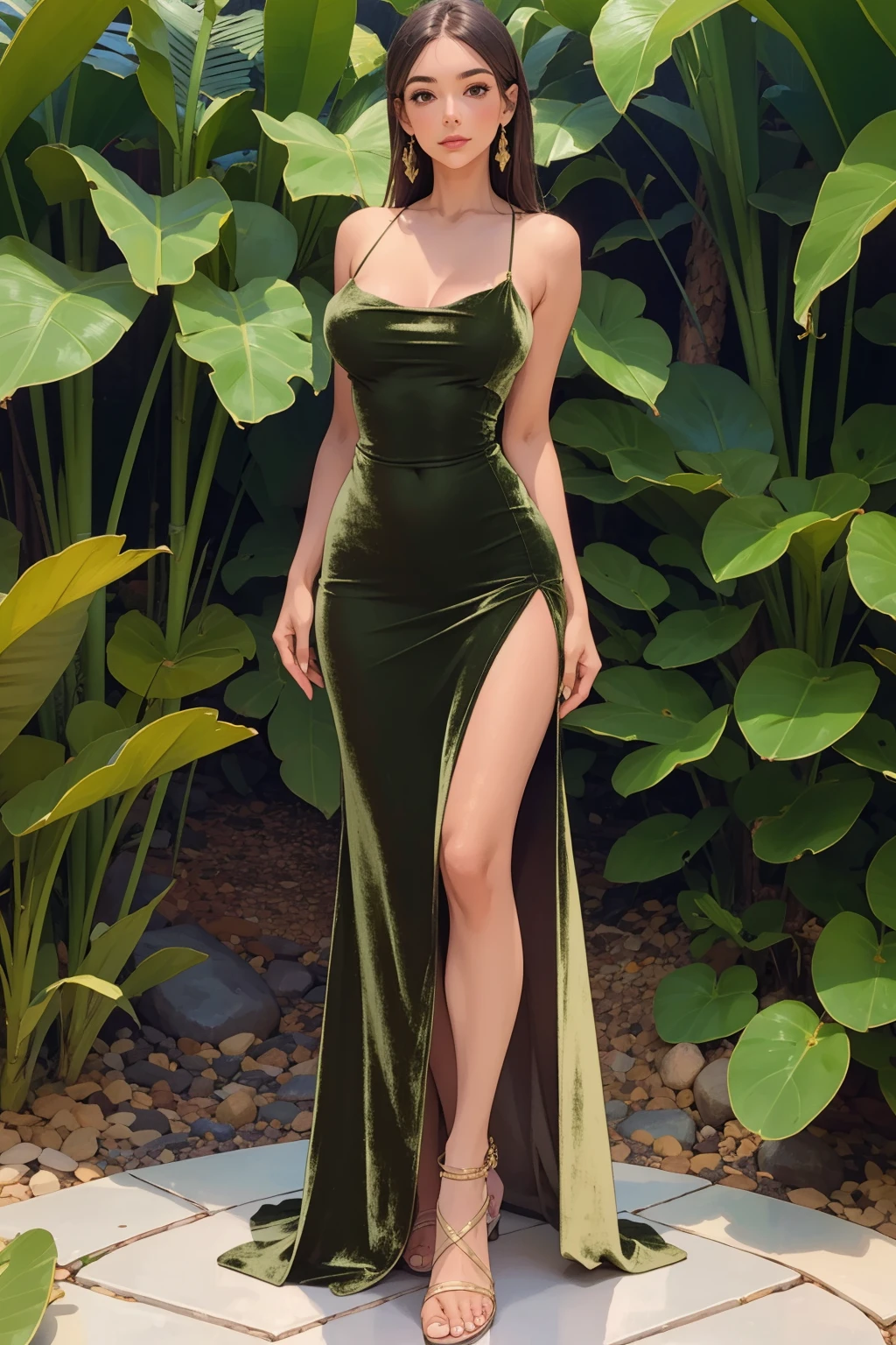 masterpiece, best quality, <lora:age_slider_v20:2>  <lora:detail_slider_v4:2> 1girl, gr33nv3lv3t, dress, bare shoulders, spaghetti strap, green dress, velvet dress, standing, full body, sandals,  <lora:gr33nv3lv3t:0.7>