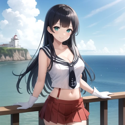 ((masterpiece)),(best quality),official art,extremely detailed CG,unity 8k wallpaper,ultra detailed,A lighthouse on a cliff by the sea,1girl,solo,cowboy shot,black_hair,long_hair,red_skirt,white shirt,white_gloves,pleated_skirt,black_thighhighs,school_uniform,serafuku,black_sailor_collar,large_breasts,garter_straps,anchor_symbol,midriff,green_eyes,cleavage,black_necktie,looking_at_viewer,smile,navel,sleeveless_shirt,<lora:Agano(kan)>,