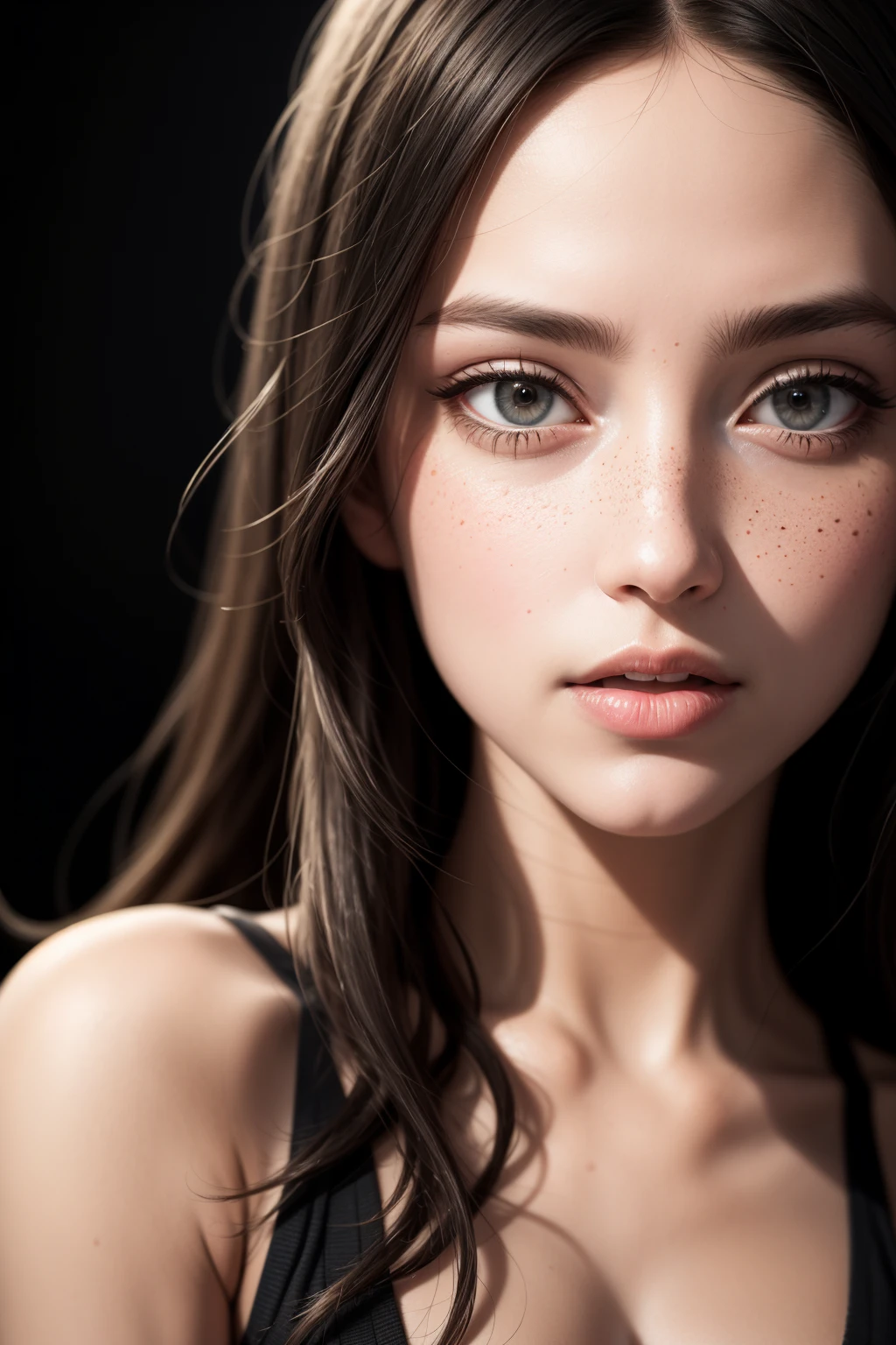 ((8k, best quality, masterpiece:1.3)), ((realistic skin texture:1.2)), ((photorealistic:1.3)), (Rule of thirds)),
((black background)), ((shadow play)), (vibrant colors)),
((glamour photography)), seductive expression, close-up, face, detailed eyes, detailed face, light freckles, long flowing black hair, messy hair,
##Sampler: Euler a || Steps: 30
##VEA: emaPrunedVAE
##HiRez Fix: 4x-UltraSharp Upscaler || Steps: 40
##ADetailer: None Used