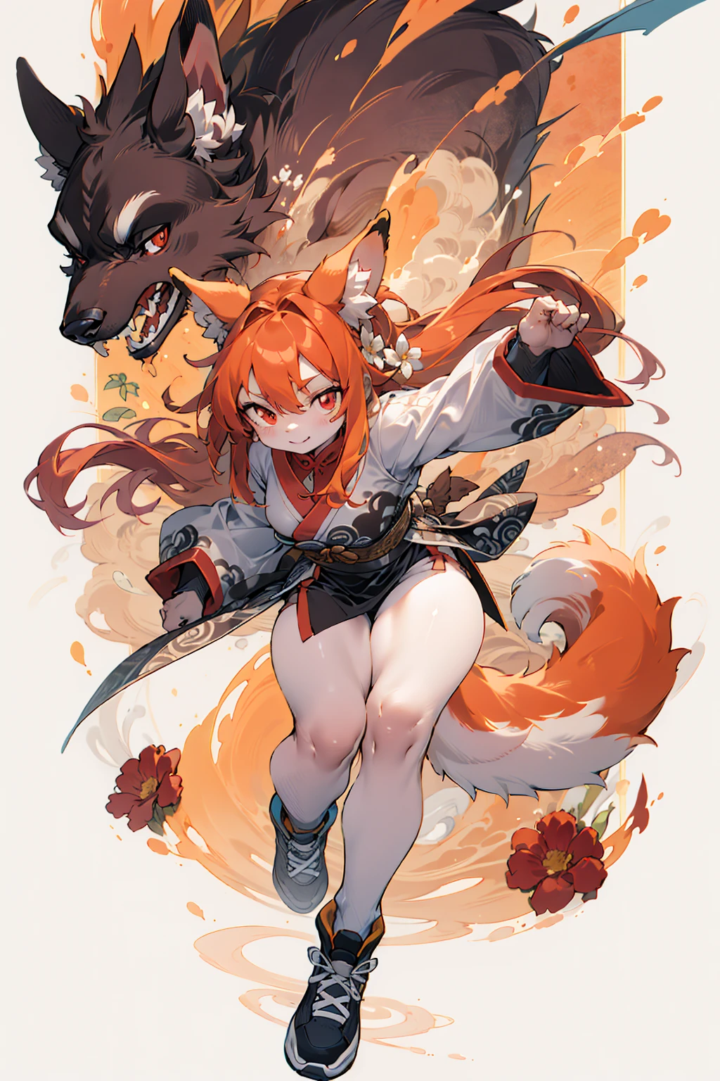 best hands,best quality,(masterpiece,ultra detailed 8k art,illustration),kung fu, (human face,human legs, 1 girl,drooping ears dog),out door, chinese clothes,orange long hair, (orange drooping ears),(drooping ears:1.2), orange tail, red eyes,flower garden, looking up at the sky BREAK
smile,(full body), kung fu shoes