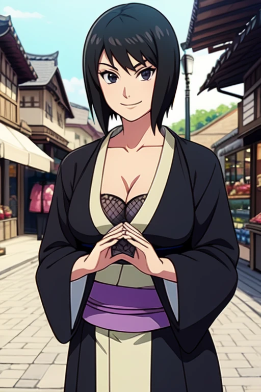 Shizune, short hair, black hair, black eyes, black kimono, white trim, light purple obi, smile, collarbone, mesh shirt, cleavage, nice hands, perfect hands, outdoors, ninja village, shops, marketplace