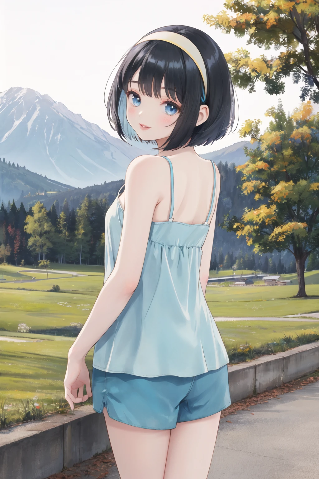 1girl, short black hair, blue eyes, river, absurdres, high res, ultrasharp, 8K, masterpiece, looking at viewer, naked