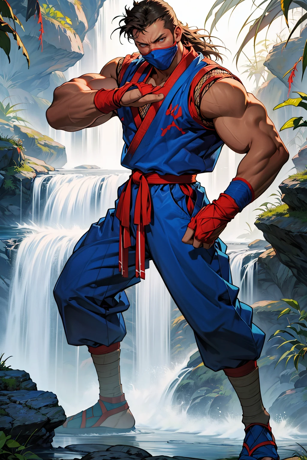 (masterpiece,  best quality:1.2),  solo,  EijiKOF,  1guy,  blue dougi,  face mask,  fishnet top,  bracelets,  red belt,  pants,  leg wraps,  full body,  fighting stance,  at the waterfall,  masterpiece,  perfect face,  perfect picture,  detailed eyes,  sharp focus, High detailed view, dark skin, High detailed,<lora:EMS-245206-EMS:1.000000>