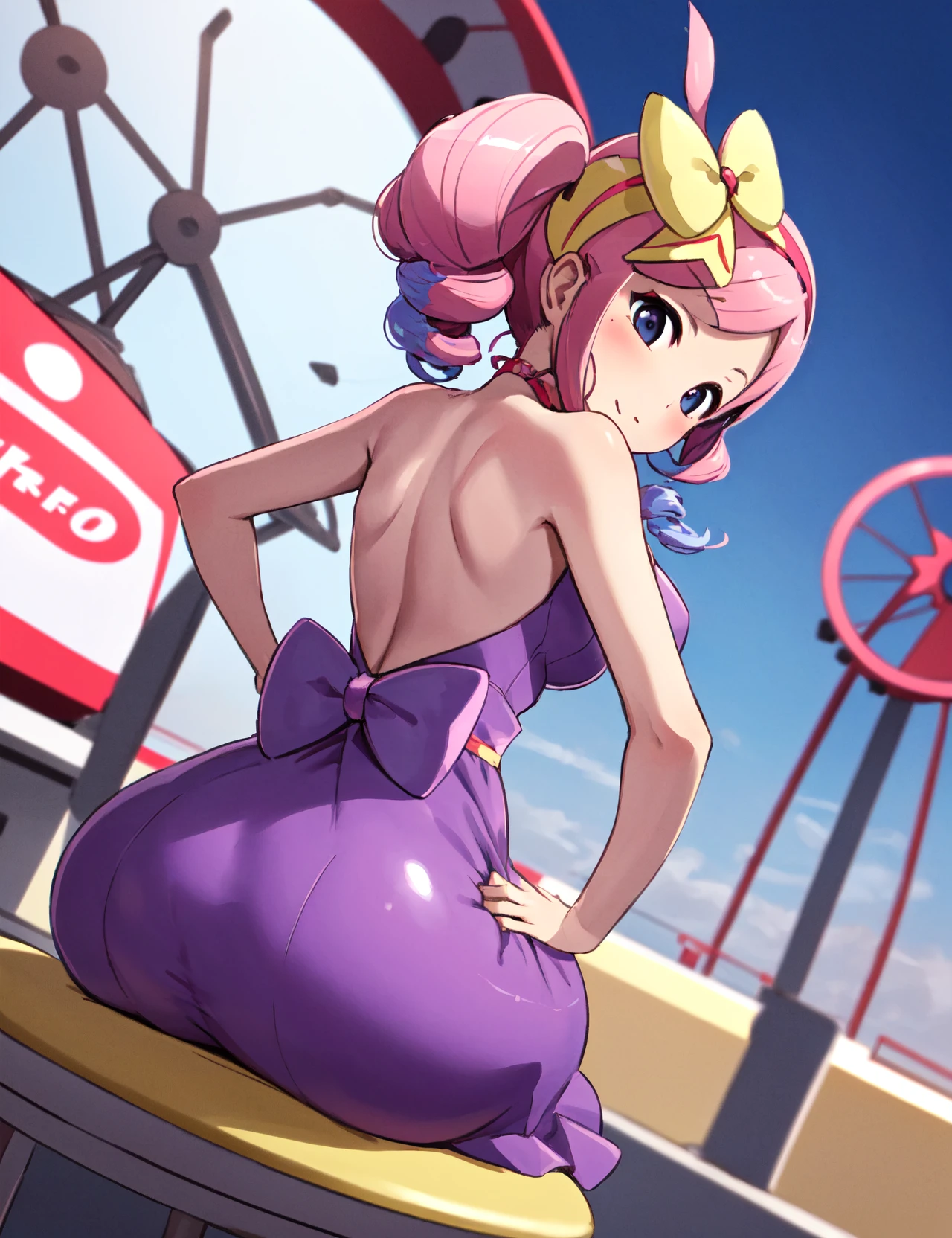 (masterpiece, best quality, hi res:1.2), 1girl, solo, (ferris wheel), <lora:Yancy Pokemon (pkyancy) (yancyidol)-9:0.7>, yancyidol, sleeveless, purple dress, shiny dress, backless dress, ass, breasts, ribbons, side drill, drill hair, yellow bow, hairband, sitting, hands on hips