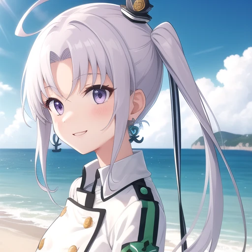 ((masterpiece)),(best quality),official art,extremely detailed CG,unity 8k wallpaper,ultra detailed,A lighthouse on a cliff by the sea,1girl,solo,upper body,(portrait:1.2),side_ponytail,miniskirt,white_shirt,military_uniform,light_green_uniform,light_green_skirt,long_hair,thighhighs,zettai_ryouiki,purple_eyes,jewelry,ahoge,bridal_garter,earrings,mini_hat,hair_ornament,buttons,double-breasted,anchor,white_gloves,grey_hair,smile,<lora:Akitsushima(kan)>,