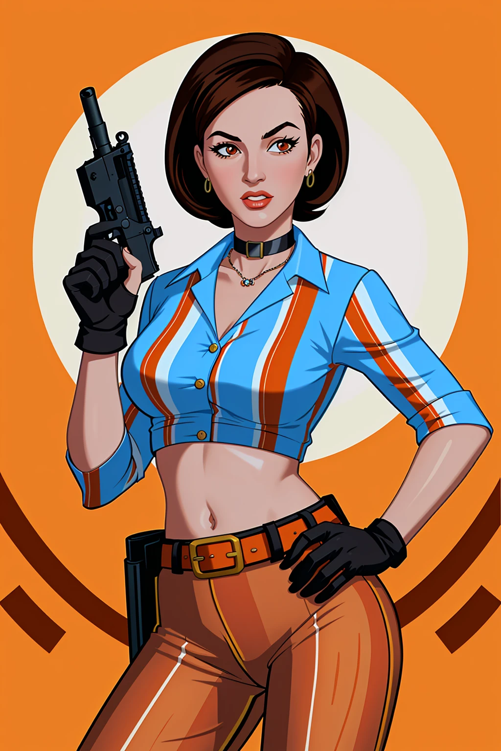 (juliana paes: 1.1)Fallout female character, with classic blue and yellow uniform suit, fiftyes poster of nuka-Cola pinup style, Post apocalyptic background 