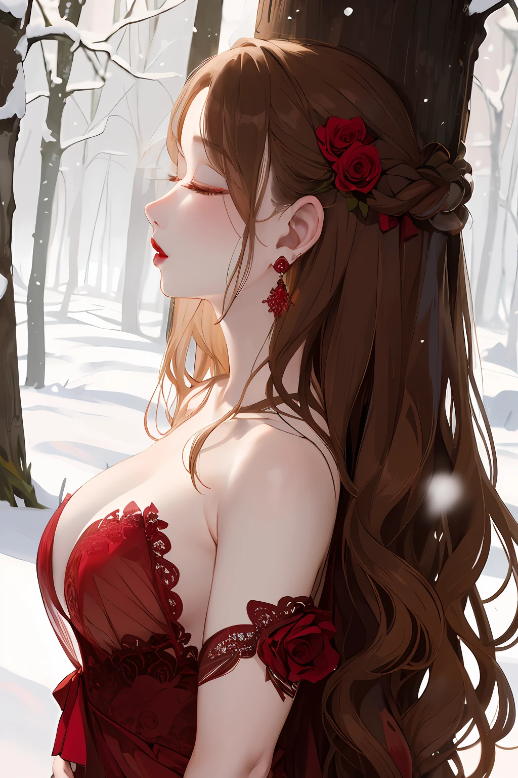 masterpiece,1girl,solo,long hair,brown hair,half zha princess hair,bare shoulders,jewelry,closed eyes,flower,earrings,from side,profile,makeup,rose,arms behind back,red dress,lipstick,strapless dress,red rose,holding flower,<lora:lbc_hongse_TM:0.8>,(detailed beautiful snow forest with trees),(snowflakes),floating,