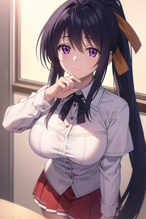 akenohimejima, <lora:akeno himejima anime s1-lora-nochekaiser:1>,
akeno himejima, long hair, black hair, ribbon, very long hair, (purple eyes:1.1), hair ribbon, ponytail, antenna hair, smile,
BREAK skirt, school uniform, shirt, white shirt, capelet, black capelet, long sleeves, red skirt,
BREAK indoors, classroom,
BREAK looking at viewer, (cowboy shot:1.5),
BREAK <lyco:GoodHands-beta2:1>, (masterpiece:1.2), best quality, high resolution, unity 8k wallpaper, (illustration:0.8), (beautiful detailed eyes:1.6), extremely detailed face, perfect lighting, extremely detailed CG, (perfect hands, perfect anatomy),