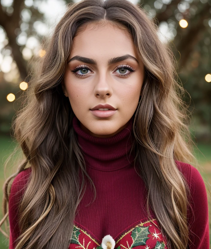 <v3r0m>, nature, outdoor, Christmas theme ,Colorful flowering, upper body, Blond hair, Turtleneck, close portrait photo, long hair, looking at viewer, blue eyes, black hair, messy hair, Christmas theme