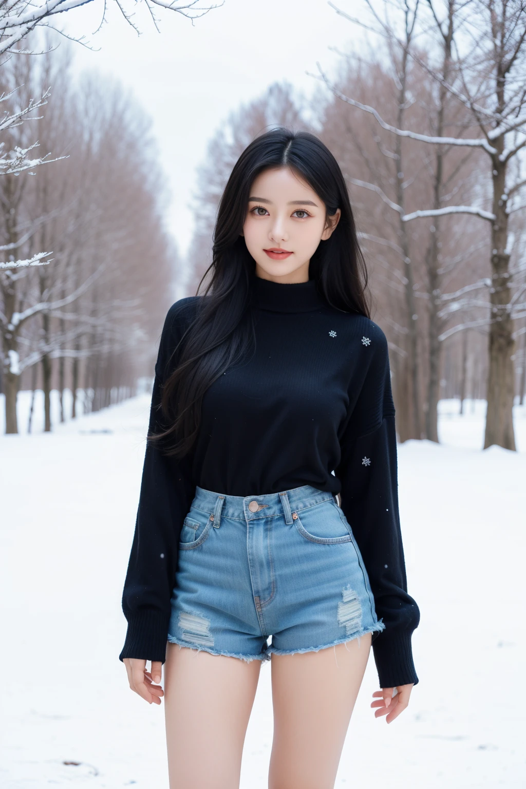 In the cold winter,a beautiful girl stands gracefully in a black sweater and denim shorts. She has black hair and vibrant purple eyes. Snowflakes fall gently on her hair and clothes as she stands elegantly in the snowy landscape. The background is adorned with red flowers,creating a striking contrast with the white snow. With her long legs and captivating curves,she adds a touch of beauty to the entire scene.,