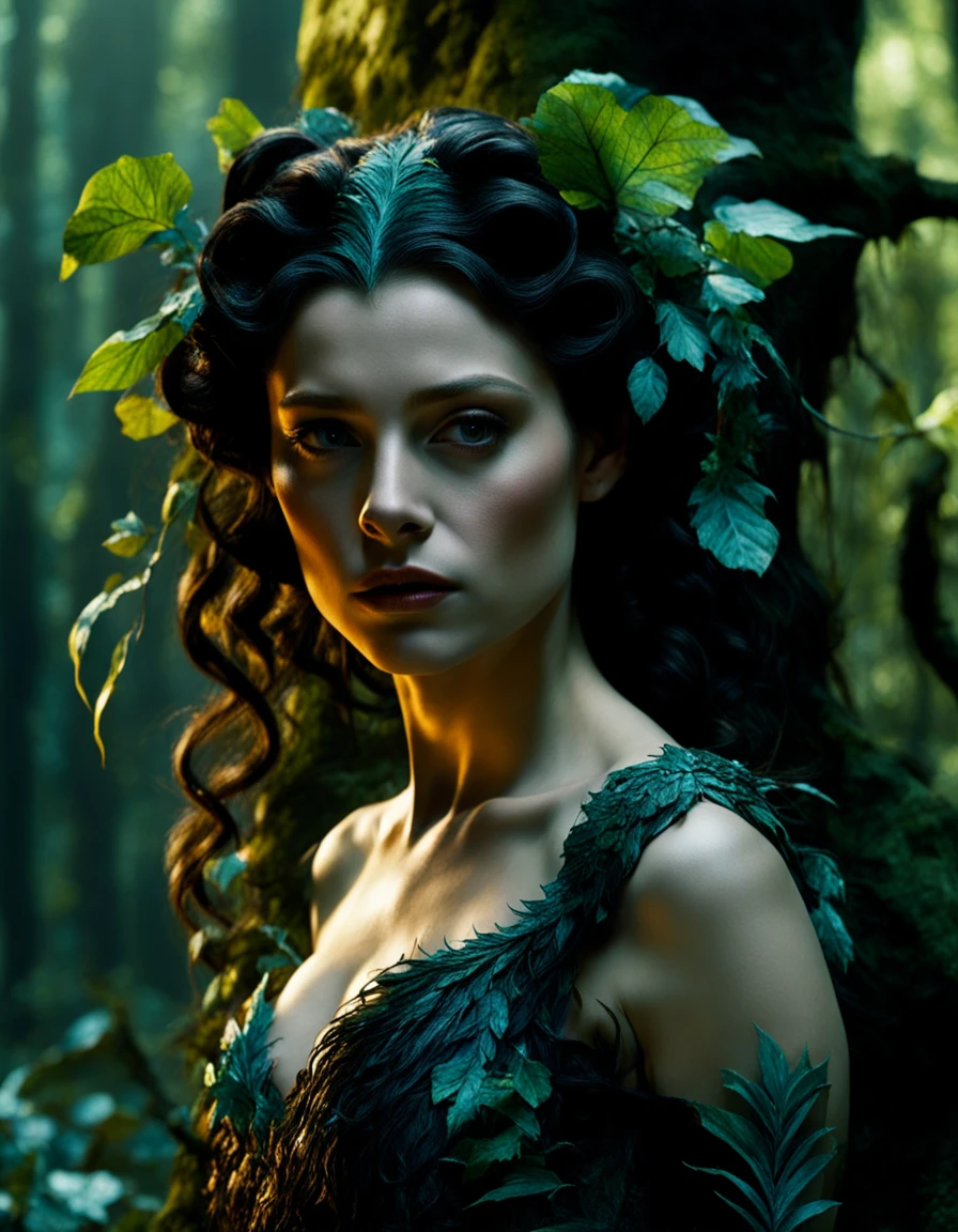 cinematic still, filmed by Guillermo del Toro, Amidst a deep dark forest, an enigmatic being appears--an amalgamation of flora and fauna, with vines for hair, eyes gleaming like embers, and skin adorned with iridescent scales