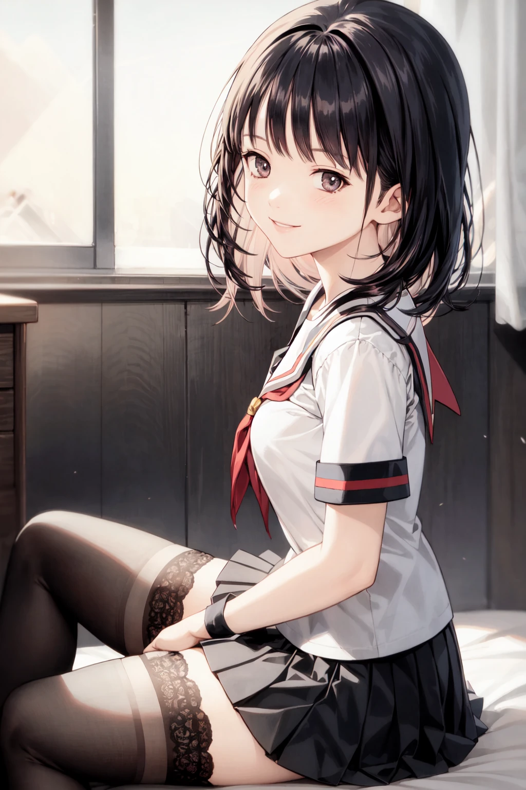 Mujer hermosa, pelo corto, piel blanca, ojos rojos brillantes, en mi cama, con aspecto lujurioso y amoroso, sonrisa amorosa, usa la vestimenta de Ryuko Matoi, aspecto joven, in the background the rest of the room.