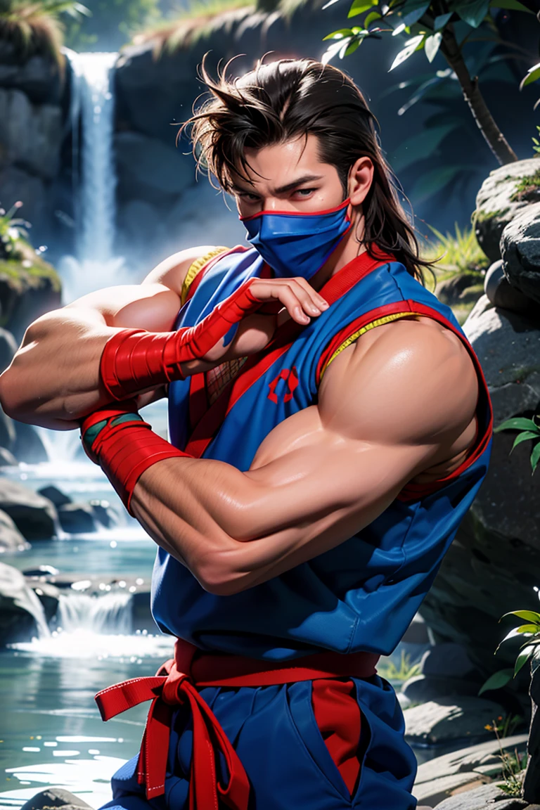 (masterpiece,  best quality:1.2),  man,  solo,  EijiKOF,  1guy,  blue dougi,  face mask,  fishnet top,  bracelets,  red belt,  pants,  leg wraps,  ninja shoes,  ,  (depth of field:1.1),  ,  photo of person,  at the waterfall,  fighting pose, ,  masterpiece,  highness,  perfect face,  perfect picture,  detailed eyes,  sharp focus, High detailed view,<lora:EMS-3262-EMS:0.600000>,<lora:EMS-245206-EMS:1.000000>