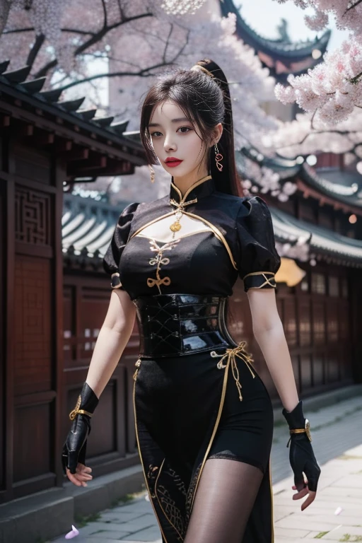 ltra-detailed,highly detailed,best quality,masterpiece,illustration,realistic,
ninghongye,longzhidao, solo, 1girl, 
black hair,  ponytail, long hair, hair ribbon,  hair ornament, 
chinese clothes, china dress,ribbon,puffy short sleeves,  corset, tassel, clothing cutout, fingerless gloves, pantyhose, 
looking at viewer, cowboy shot, walking, 
outdoors, nature,grass,cherry blossoms, falling petals, east asian architecture, courtyard, 
<lora:ninghongye longzhidao_v1_07:0.7>