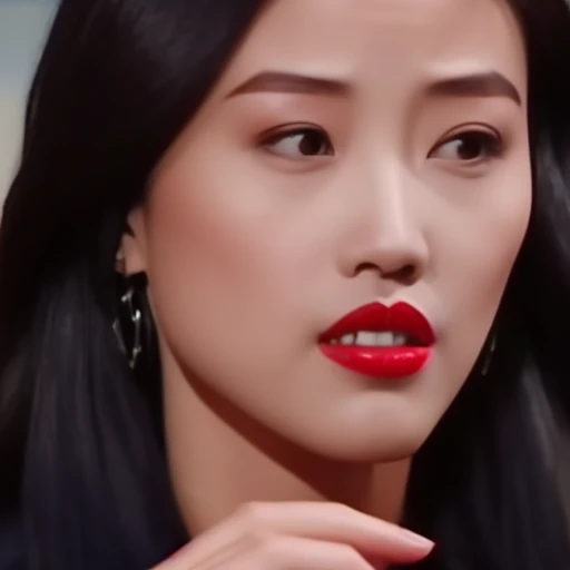 KathyChow,  defined jawline, high cheekbones, almond-shaped eyes with dark irises,  well-defined and arched eyebrows,  a look of intensity or concentration, straight nose,  refined nasal bridge. full lips,  a red or crimson shade of lipstick.