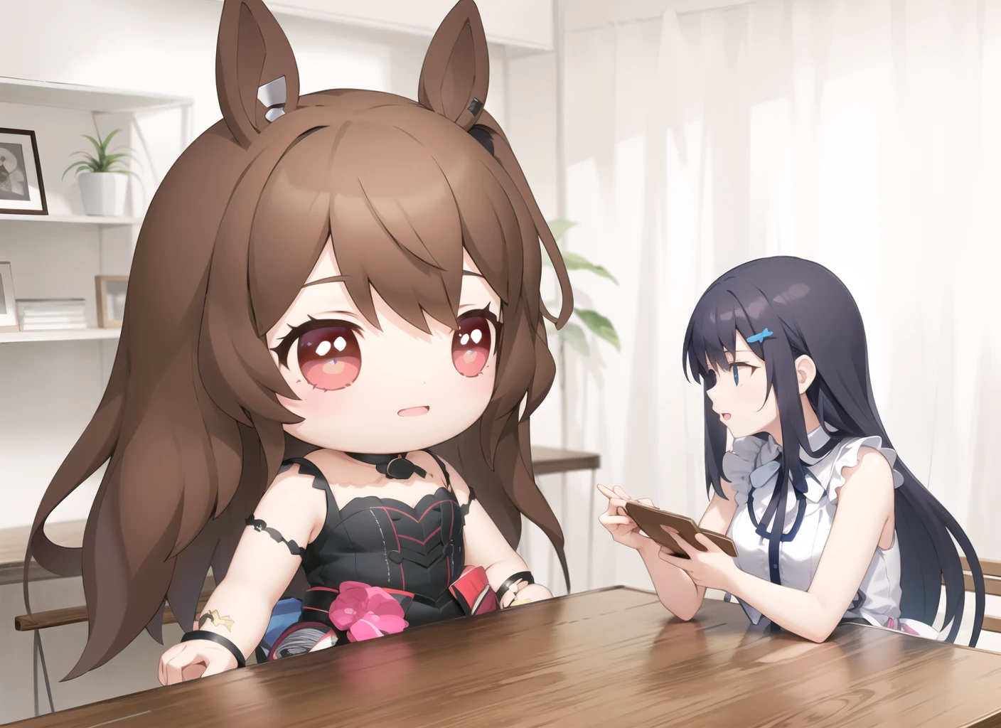 doqute doll,  table, 1girl, indoors, sidelocks, dress, sleeveless,  <lora:doqute_doll_meme_v1:0.85>