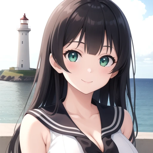 ((masterpiece)),(best quality),official art,extremely detailed CG,unity 8k wallpaper,ultra detailed,A lighthouse on a cliff by the sea,1girl,solo,upper body,(portrait:1.2),black_hair,long_hair,red_skirt,white shirt,white_gloves,pleated_skirt,black_thighhighs,school_uniform,serafuku,black_sailor_collar,large_breasts,garter_straps,anchor_symbol,midriff,green_eyes,cleavage,black_necktie,looking_at_viewer,smile,navel,sleeveless_shirt,<lora:Agano(kan)>,