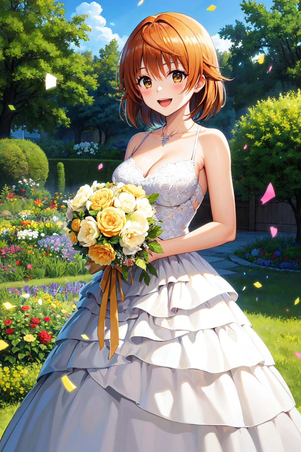 masterpiece, best quality, highres, aariko, short hair, brown eyes, <lora:yuusaki_riko_v1:0.6>, wedding dress, garden, holding bouquet, smile, open mouth, confetti,