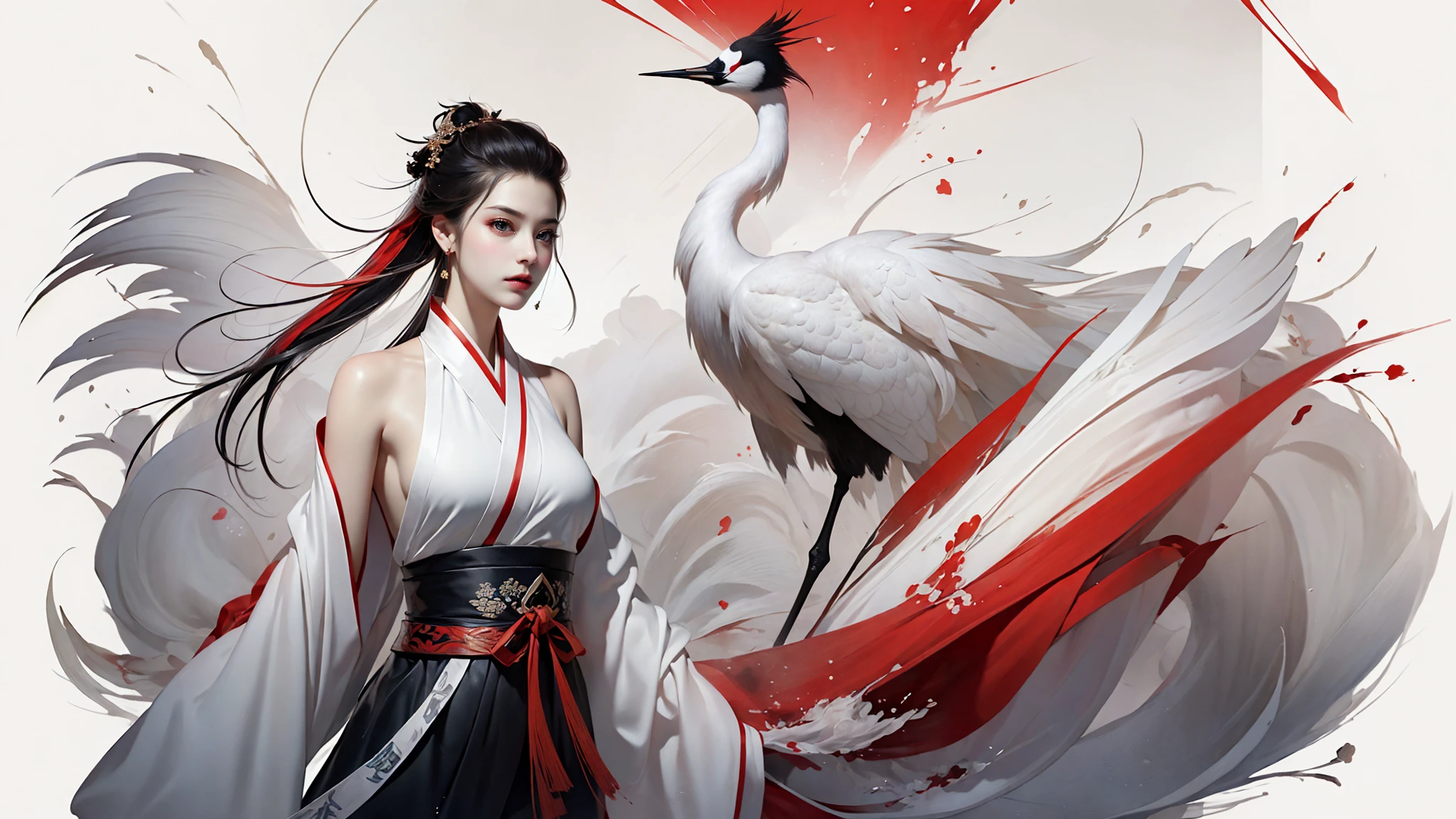 Ink painting, ink painting, splash-ink, ink splash, calligraphy, Chinese characters, Chinese character background
(Red crowned crane:1.2)1girlWhite hair, Hanfu,upper bodyexposed shoulders
A shot with tension(sky glows red,Visual impact,giving the poster a dynamic and visually striking appearance:1.2),Chinese Zen style,impactful picture,
<lora:~Q?-d Red crowned crane:0.8>