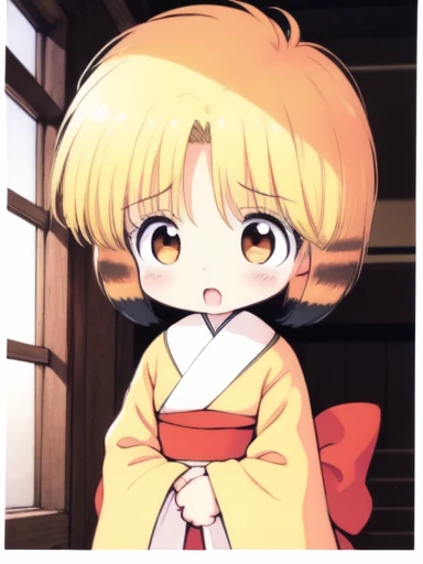 <lora:nyannyan:0.8> nyannyan, 1girl, solo, blonde hair, japanese clothes, kimono,  open mouth, brown eyes, short hair, multicolored hair, blush, child, cowboy Shot,
Japanese style room,
masterpiece, high quality, very_high_resolution, large_filesize, full color,