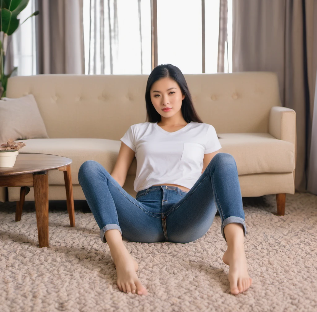 beautiful asian woman wearing jeans and a ((t-shirt)),  feet apart , legs up, bare feet, <lora:woman_feet_apart:1>, hi detail, sharp focus, perfect lighting, awesome, dslr, 4k high quality. extra detail, extra sharp, magical, perfect moment, natural skin, pores