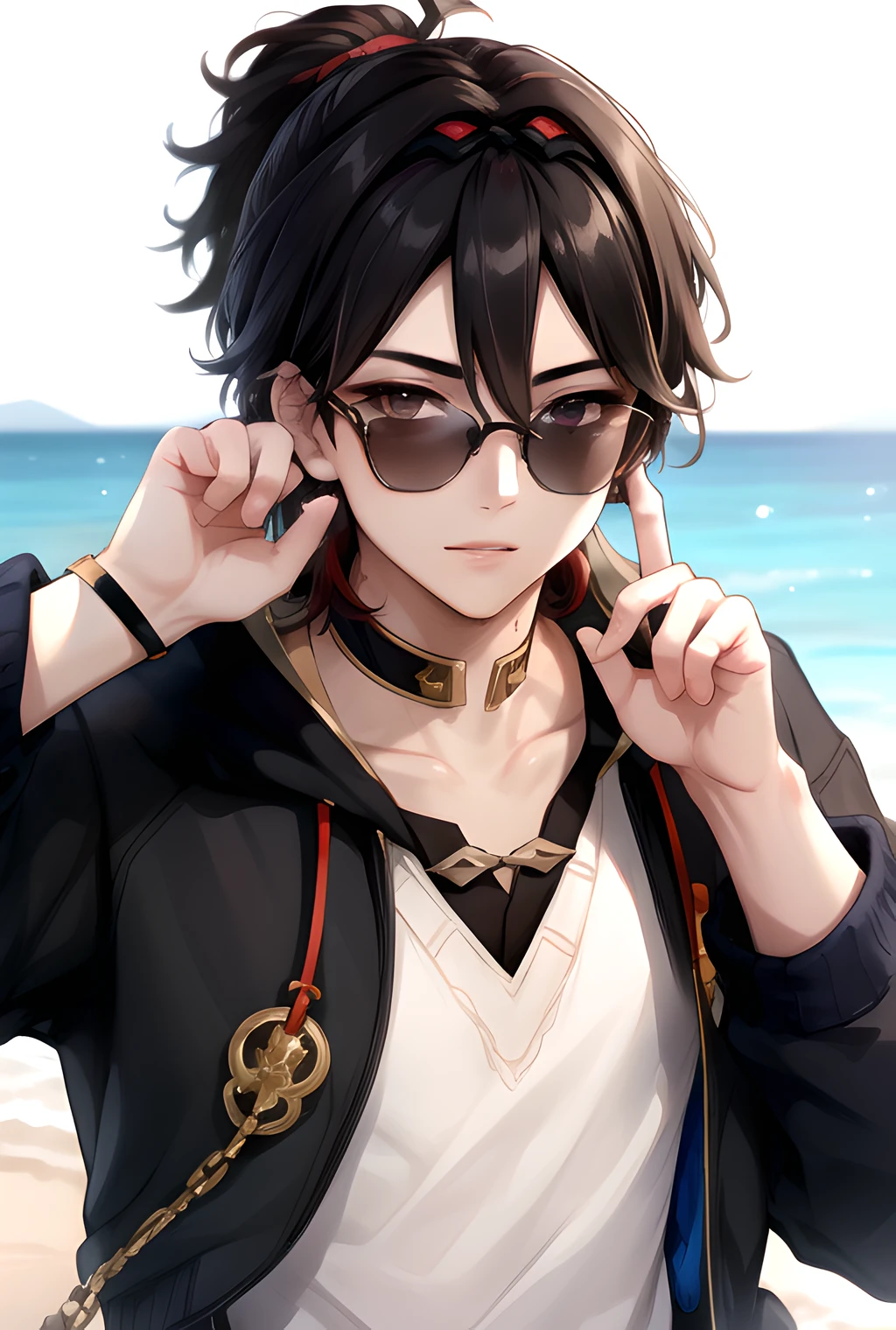 masterpiece, best quality, highres, high quality, 1boy, solo, male focus, looking at viewer, upper body,  hair, realistic, <lora:gaming-genshin-07:0.7>, ((blue sweater)), (sunglasses), free pose, summer heat, ponytail,