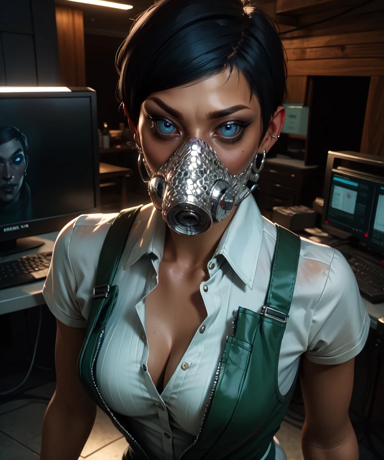 SkllMrchnt,black hair,blue eyes,short hair,mask,
small earrings,green jumpsuit,white shirt,short sleeves,
smile,jewelry,
standing,upper body,cleavage,
underground base,computer,night,
(insanely detailed, beautiful detailed face,beautiful detailed eyes, masterpiece, best quality),solo,<lora:SkullMerchant:0.8>,