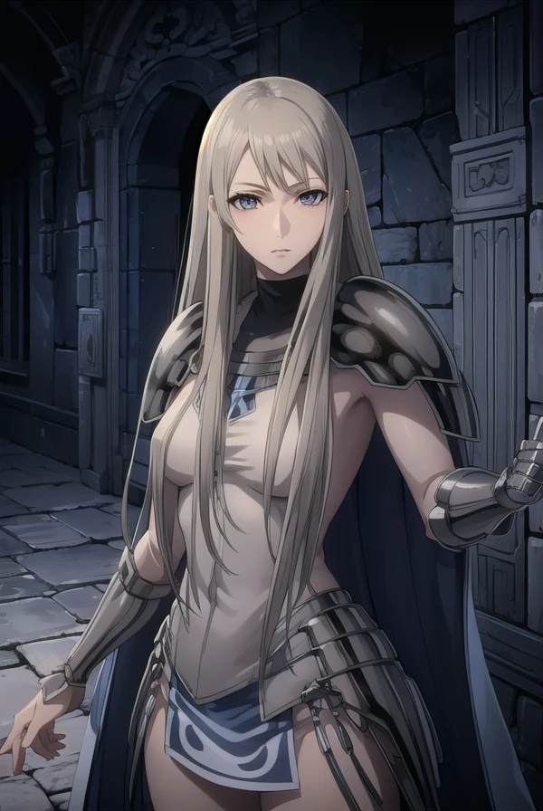 claymoregalatea, <lora:claymore galatea-lora-nochekaiser:1>,
galatea, long hair, blonde hair, very long hair, (grey eyes:1.5),
BREAK boots, cape, armor, knee boots, grey skin,
BREAK outdoors,
BREAK looking at viewer, (cowboy shot:1.5),
BREAK <lyco:GoodHands-beta2:1>, (masterpiece:1.2), best quality, high resolution, unity 8k wallpaper, (illustration:0.8), (beautiful detailed eyes:1.6), extremely detailed face, perfect lighting, extremely detailed CG, (perfect hands, perfect anatomy),