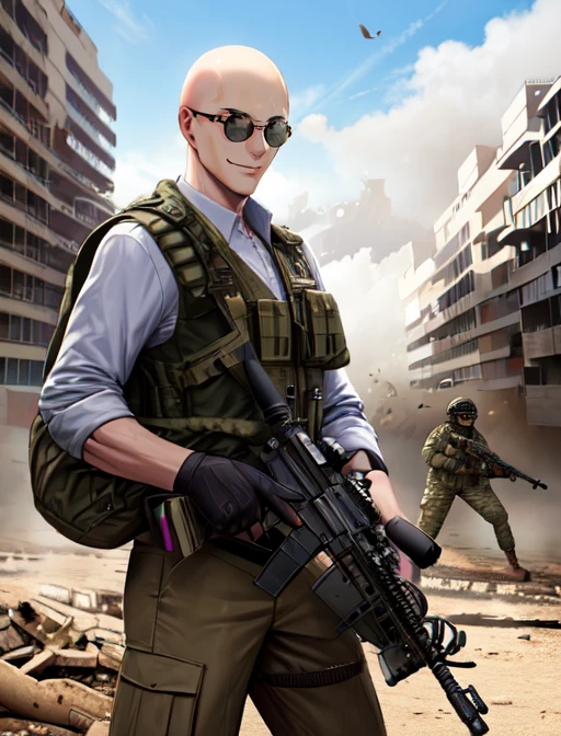 best quality, masterpiece, highres, detailed, digital illustration, <lora:Detail - add_detail:0.2>, 1man, TacticalCh, army, vest, assault rifle, <lyco:TacticalCh:0.8>, MasanoriV, sunglasses, evil smile, helmet, bald, <lora:Character - MasanoriV:0.7>, ruined city,