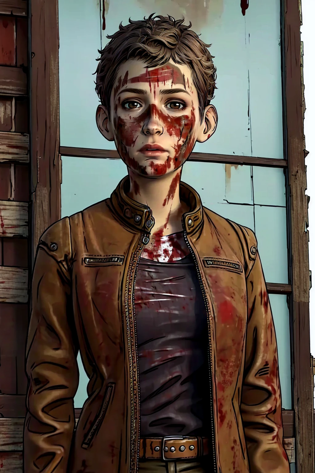 Jane,brown hair,dirty face,short hair,belt,pants,jacket, standing, (insanely detailed, beautiful detailed face,beautiful detailed eyes, masterpiece, best quality),solo, <lora:JaneTWDv1.1:0.8>, blood,blood on face,blood on clothes,black shirt