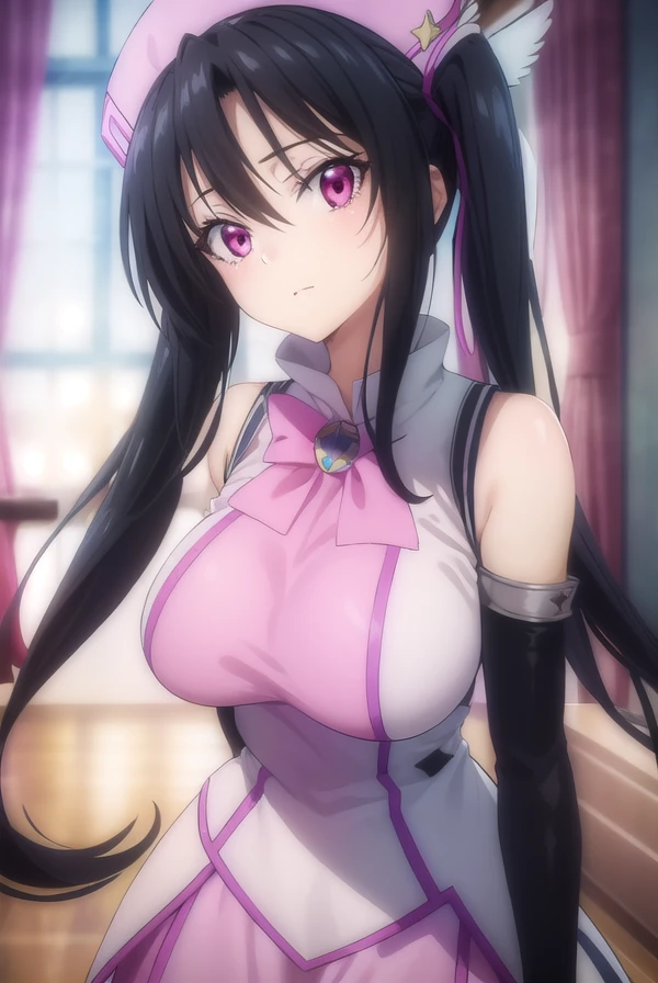 serafallleviathan, <lora:serafall leviathan anime s2-lora-nochekaiser:1>,
serafall leviathan, long hair, black hair, twintails, (pink eyes:1.5),
BREAK gloves, hat, bare shoulders, elbow gloves, fingerless gloves, cosplay, magical girl,
BREAK indoors,
BREAK looking at viewer, (cowboy shot:1.5),
BREAK <lyco:GoodHands-beta2:1>, (masterpiece:1.2), best quality, high resolution, unity 8k wallpaper, (illustration:0.8), (beautiful detailed eyes:1.6), extremely detailed face, perfect lighting, extremely detailed CG, (perfect hands, perfect anatomy),