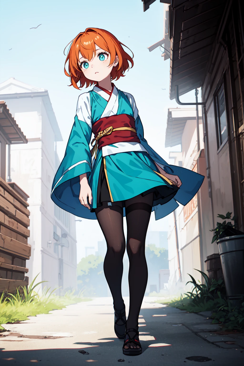 (masterpiece, best quality, SFW:1.2), fascinating, tendrils, colorgrading, backlighting
BREAK
1girl, hot, looking up,(cute, petite:1.2), flat_chest, (dark orange colored hair, very short hair, pointy hair:1.2), (medium aquamarine eyes:1.2)
BREAK
(dark orange colored hanfu)
BREAK
full body, leg lift
BREAK
outdoors, floating island