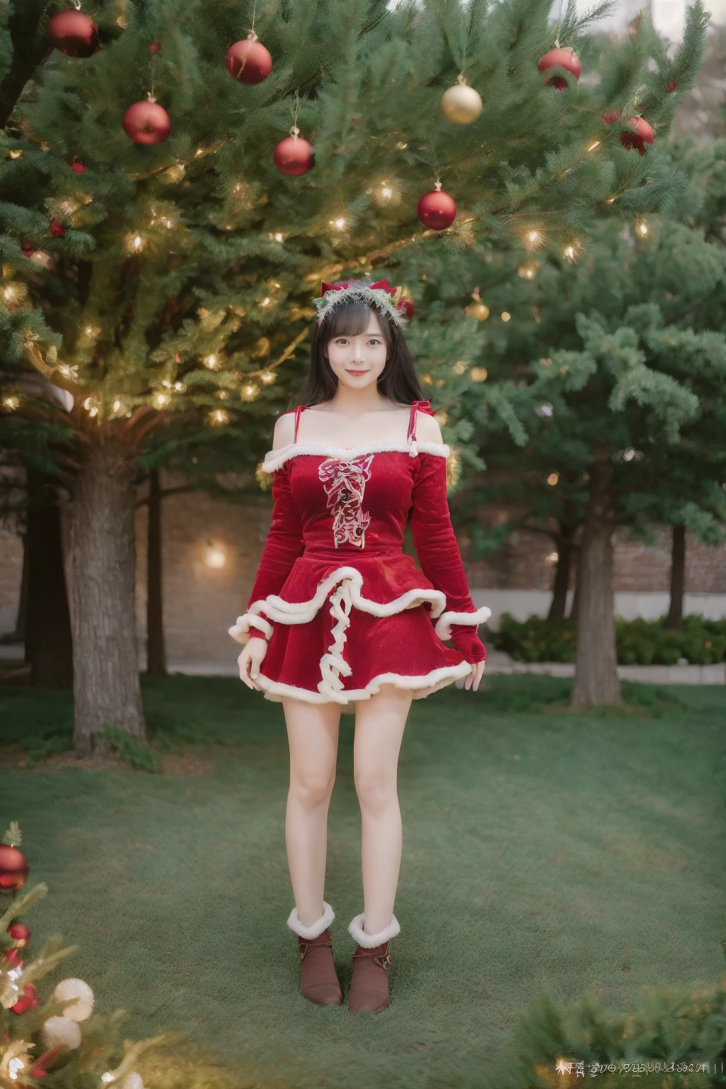 (1girl:1.3), (best quality, masterpiece, ultra high resolution),(photorealistic:1.3), (realistic:1.3), depth of field,(full body:1.2), (outdoors:1.2), (day:1.2), (cinematic lighting:1.2), Chrismas Eve, Chrismax tree background, <lora:CosChrismasCat:0.7>