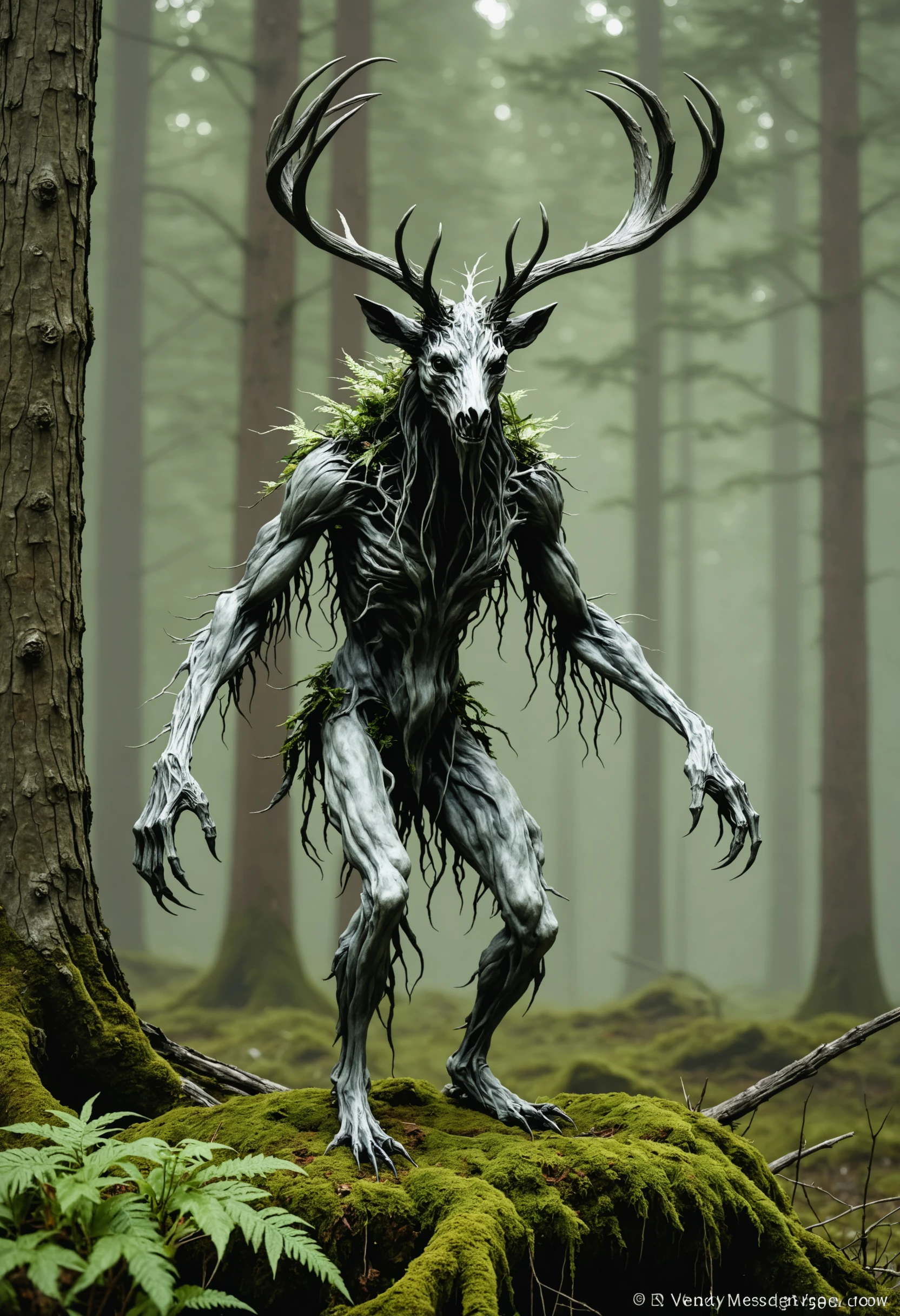 Wendigo, A forest creature made from dense fog, surrounded by mist and lush vegetation. In the style of Wendy Froud's eco-art.