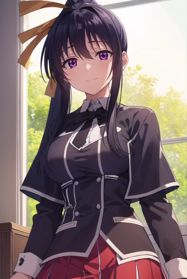 akenohimejima, <lora:akeno himejima anime s1-lora-nochekaiser:1>,
akeno himejima, long hair, black hair, ribbon, very long hair, (purple eyes:1.1), hair ribbon, ponytail, antenna hair, smile,
BREAK skirt, school uniform, shirt, white shirt, capelet, black capelet, long sleeves, red skirt,
BREAK indoors, classroom,
BREAK looking at viewer, (cowboy shot:1.5),
BREAK <lyco:GoodHands-beta2:1>, (masterpiece:1.2), best quality, high resolution, unity 8k wallpaper, (illustration:0.8), (beautiful detailed eyes:1.6), extremely detailed face, perfect lighting, extremely detailed CG, (perfect hands, perfect anatomy),
