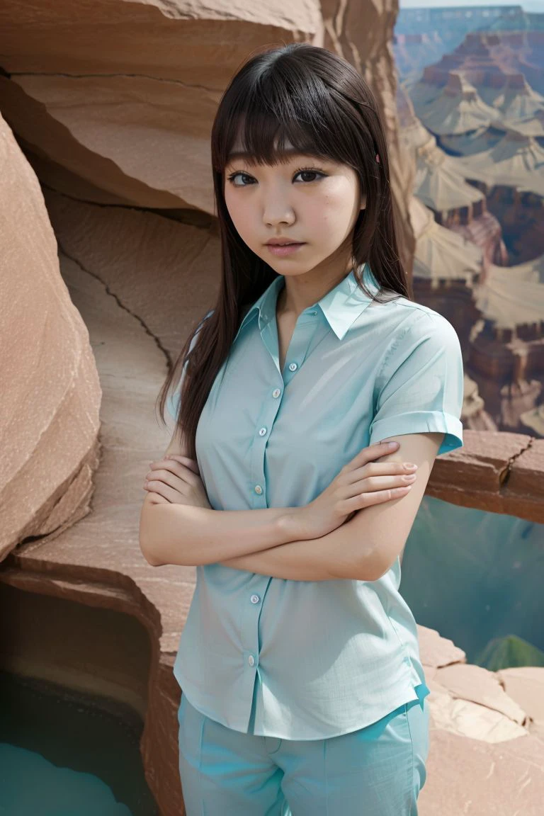 <lora:miku_takaoka_obj20:0.6  >, full_body, standing, sandals, (shirt), pants, (grand canyon), (miku_takaoka: 1.2), perfect face, (contact iris: 1.1), pale skin, skin pores , depth of field
