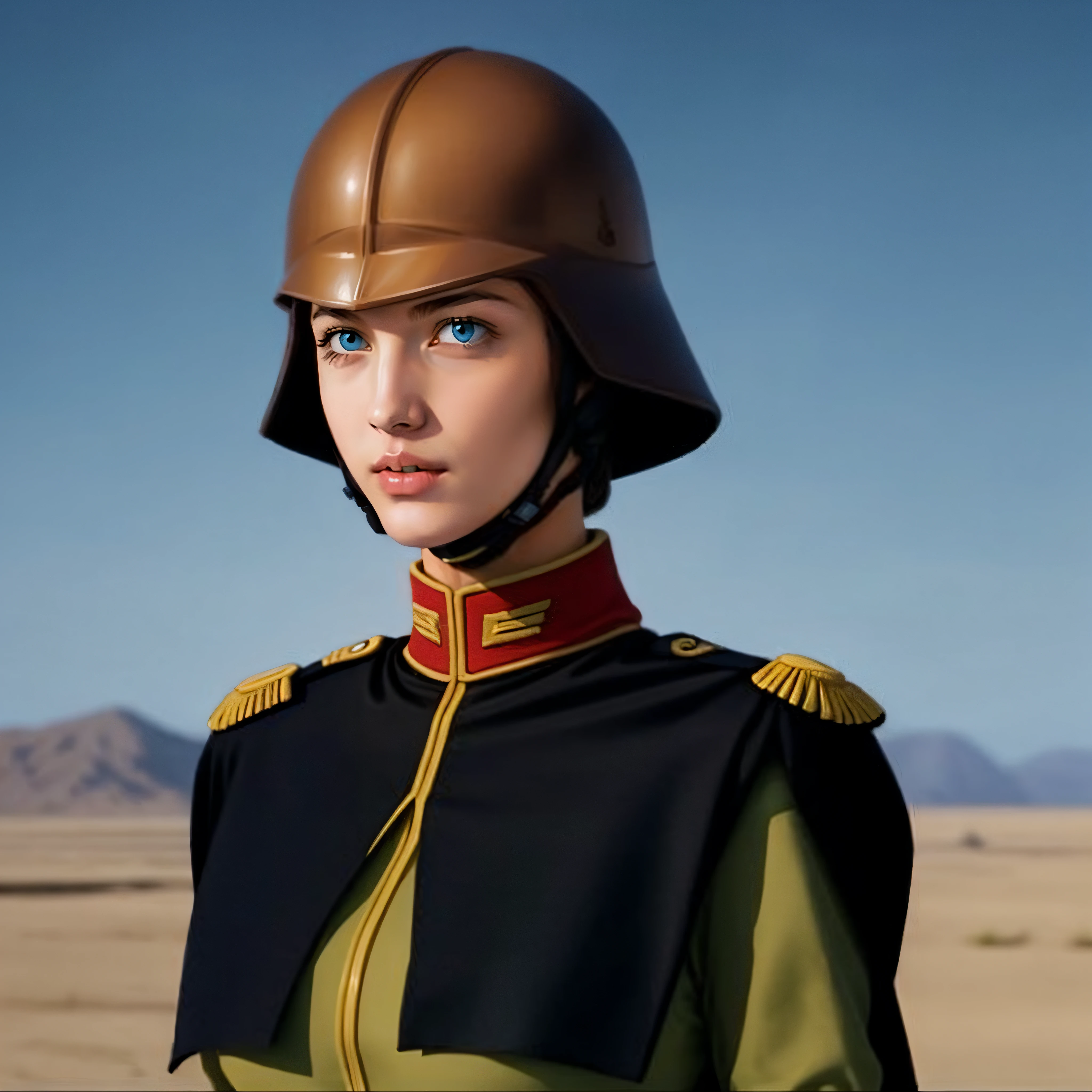 photorealistic, cinematic, <lora:zeon officer aam:0.8>, zeon officer, uniform, woman, helmet, cape