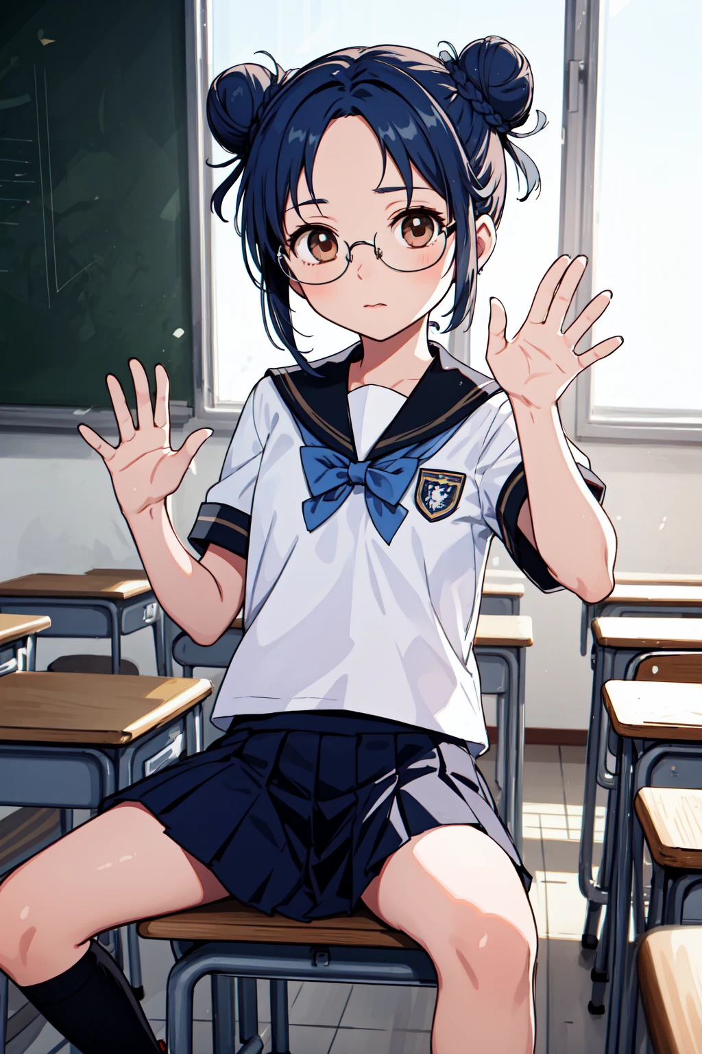 (masterpiece, best quality, SFW:1.2), soft, sharp focus, low saturation , translucency
BREAK
1girl, skeptical, looking down, forehead, (cute, petite:1.2), flat_chest, (dark blue hair, doughnut hair bun:1.2), (rosy brown eyes:1.2)
BREAK
( school uniform, glasses, high tops)
BREAK
atmospheric perspective, legs over head,waving
BREAK
indoors, classroom