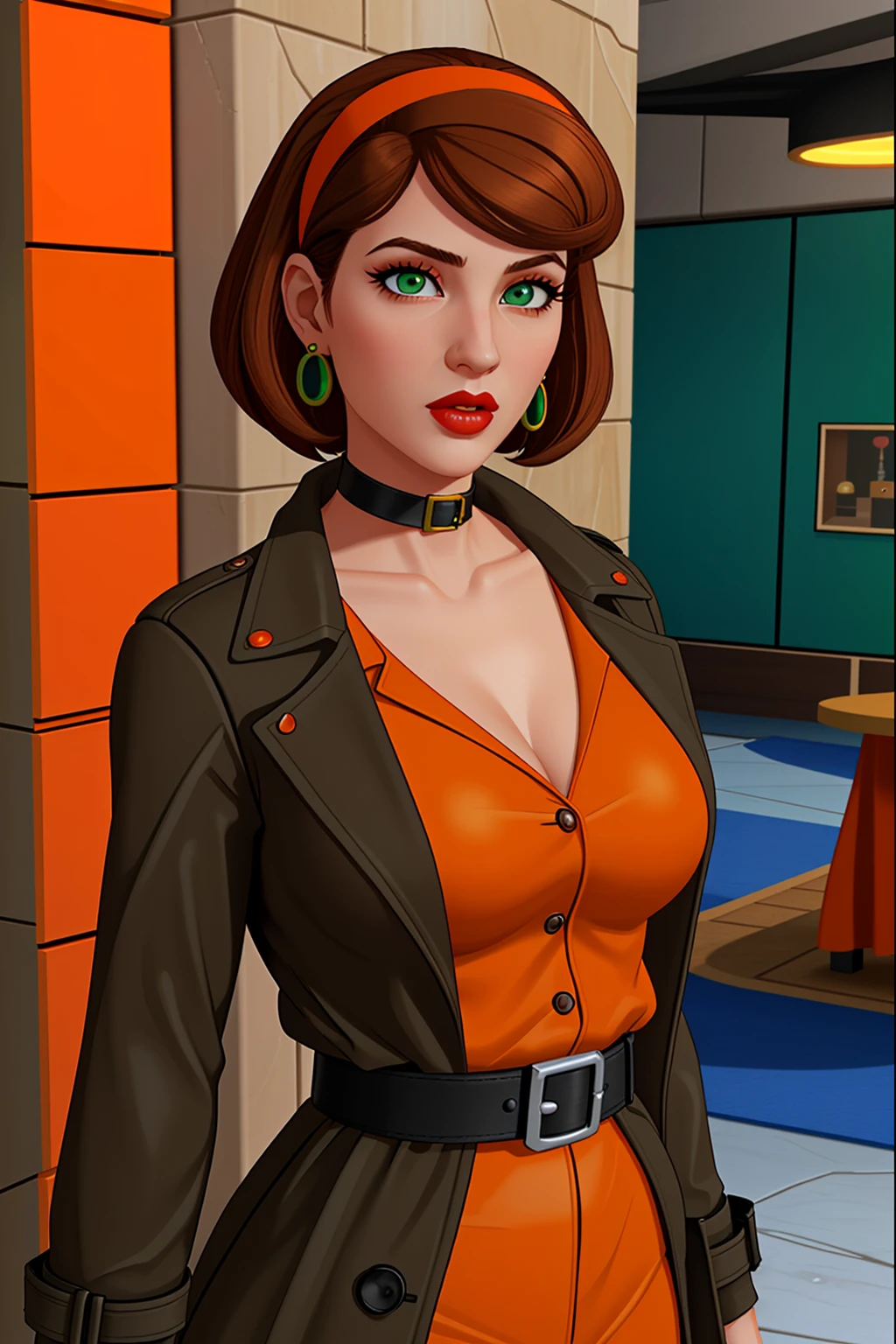 nolfcatearcher, 1girl, short hair, brown hair, black and orange trenchcoat, jewelry, green eyes, hairband, earrings, choker, belt, makeup, lipstick, orange hairband, black, 3d, 1960s style
 <lora:CateArcher:0.8>