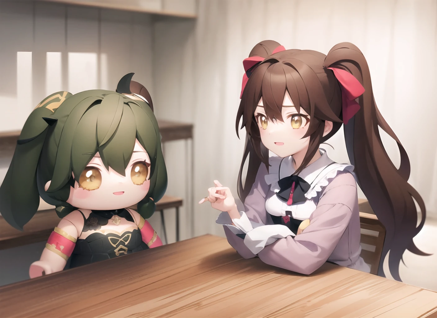 doqute doll,  table, 1girl, indoors,  twin tails,   <lora:doqute_doll_meme_v1:1>